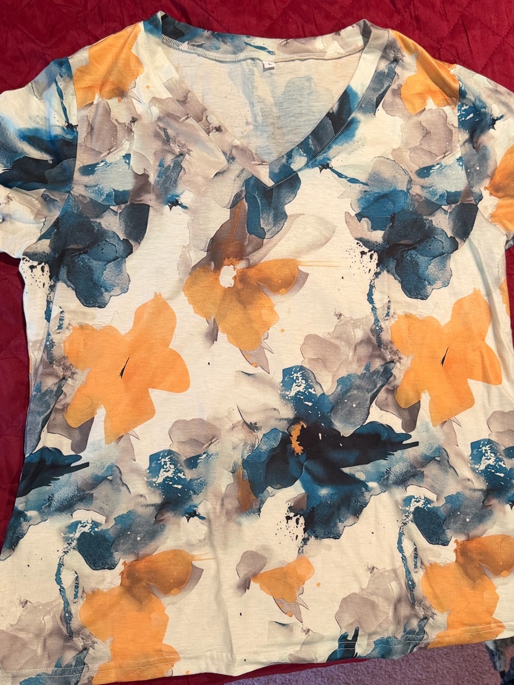 Womens Floral Watercolor Short-Sleeve Tee - Orange & Blue
